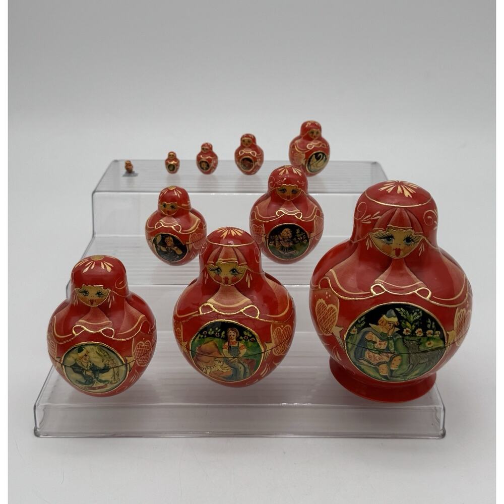 RED Russian 10 Nesting Dolls Babushka Matryoshka With Each With Different Scene